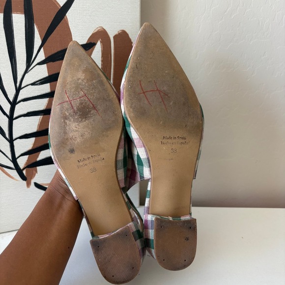 Anthropologie Gingham Slingback Block Heels Green Purple Size 38 - Picture 8 of 9